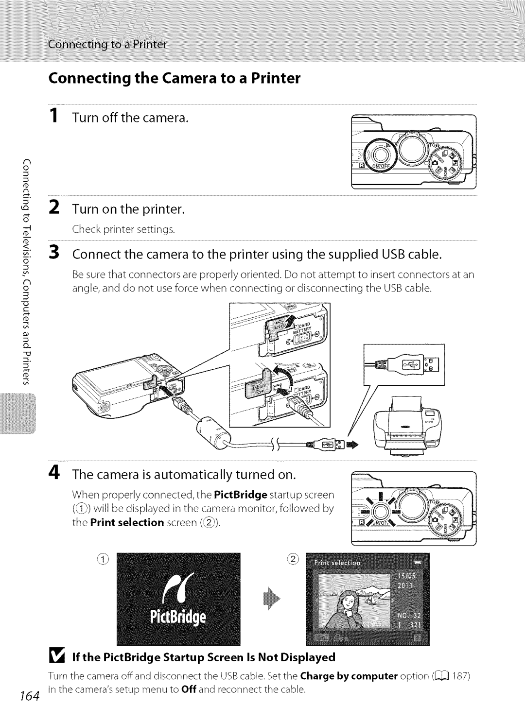 Nikon S9100 user manual Connecting the Camera to a Printer, 164 