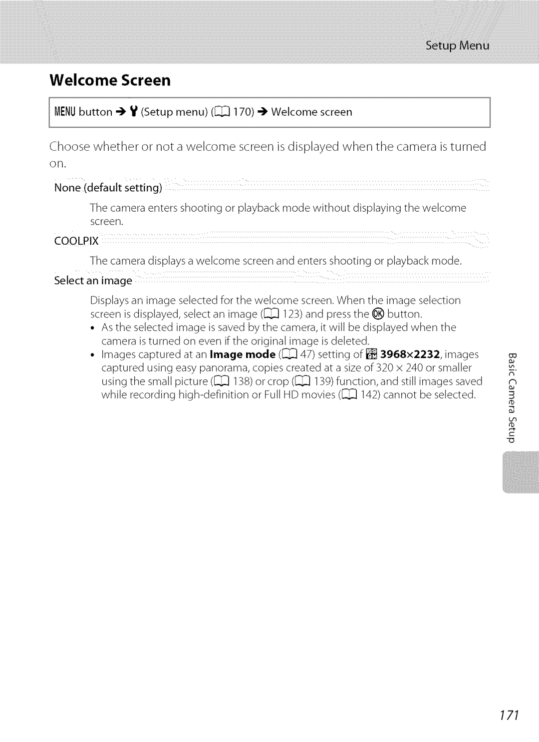 Nikon S9100 user manual Welcome Screen, 171, 3968x2232 