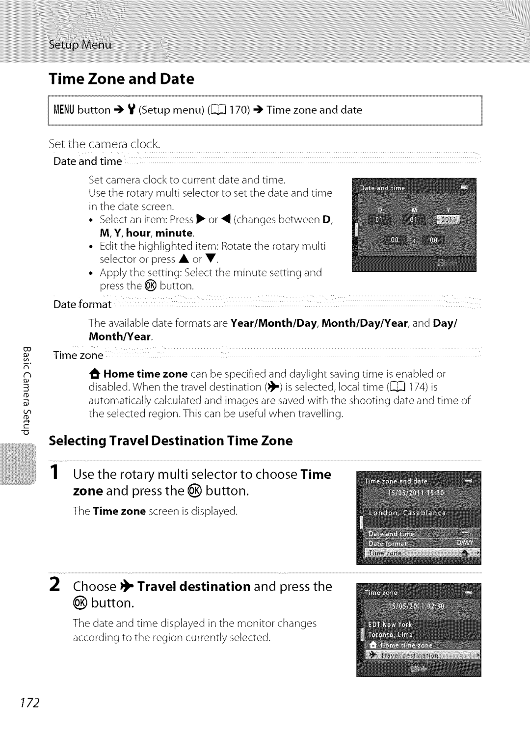 Nikon S9100 user manual Time Zone and Date, 172 