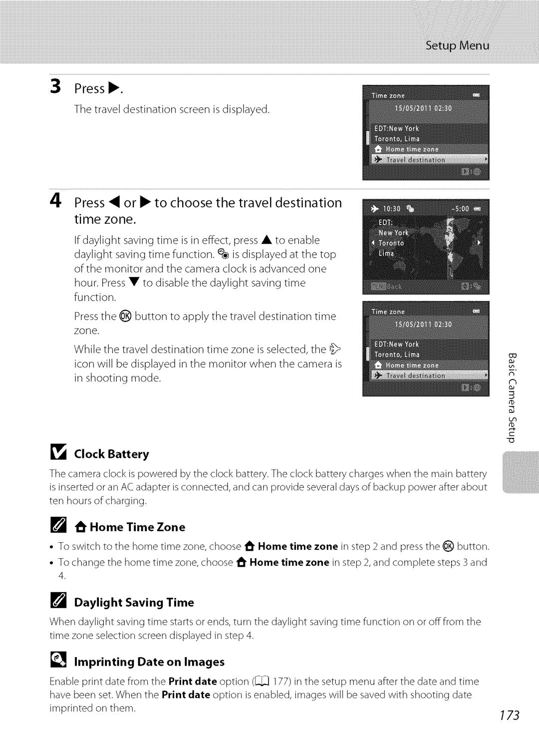 Nikon S9100 user manual 173, Clock Battery, Home Time Zone, Daylight Saving Time, Imprinting Date on Images 