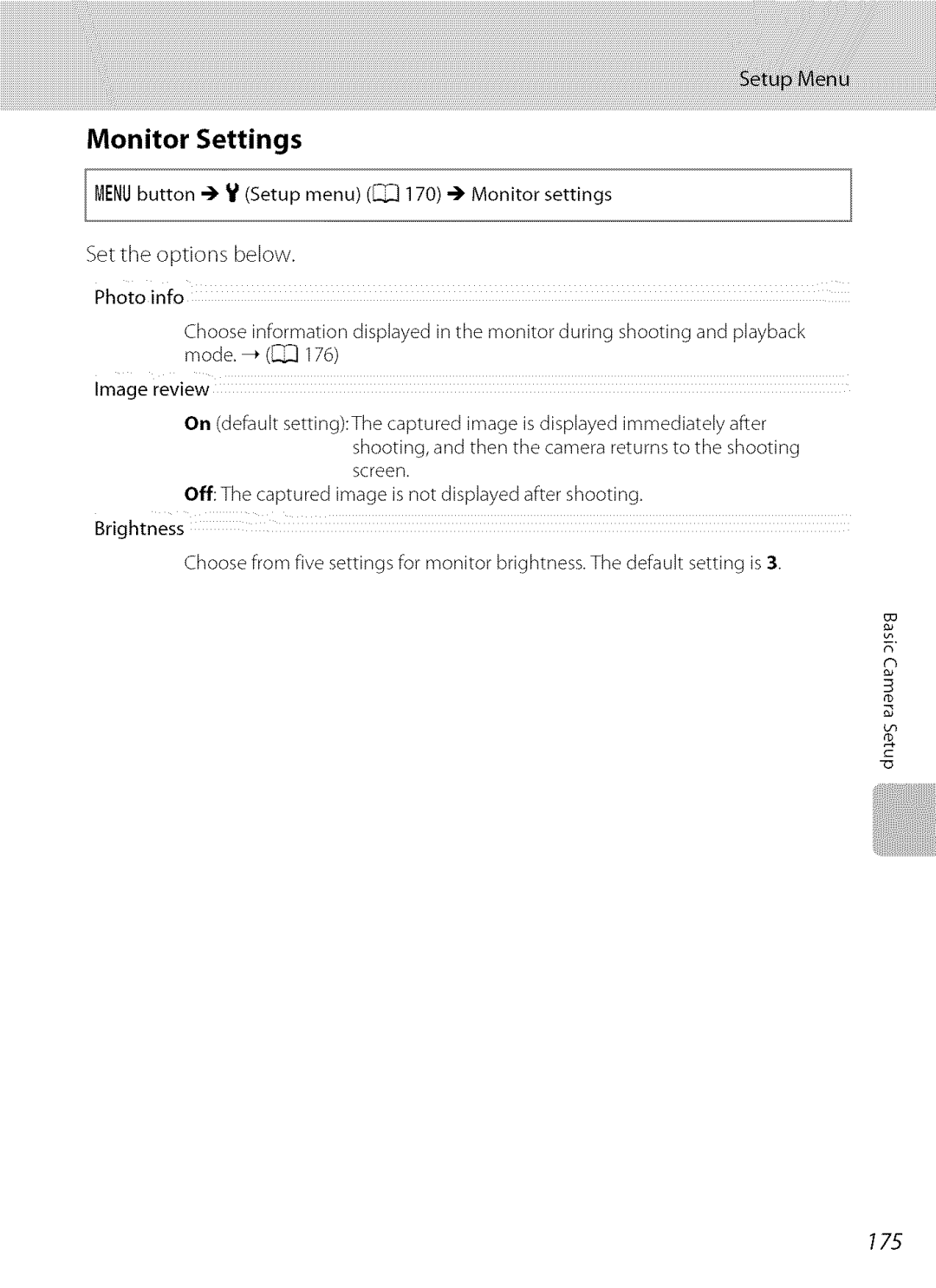 Nikon S9100 user manual Monitor Settings, 175 