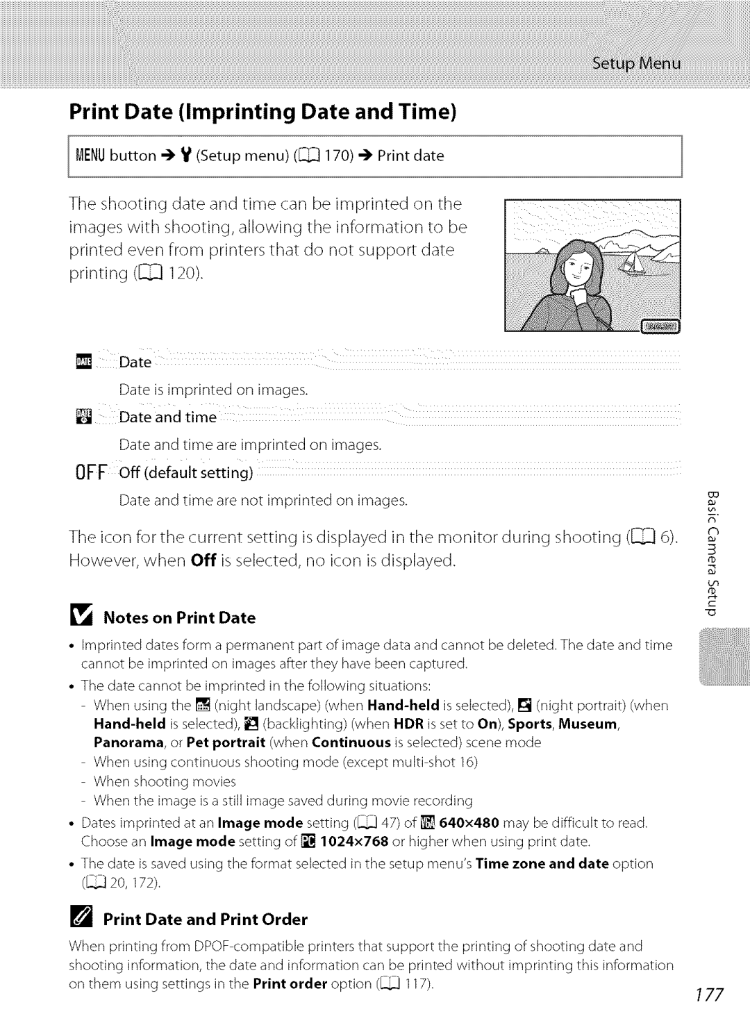 Nikon S9100 user manual Print Date Imprinting Date and Time, 177, Print Date and Print Order 