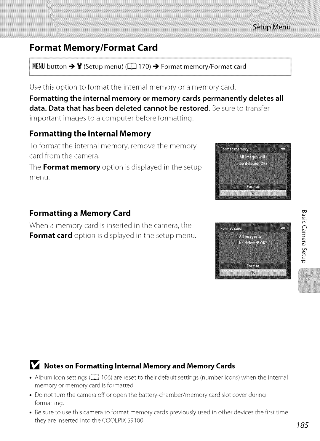 Nikon S9100 user manual Format Memory/Format Card, Formatting the Internal Memory, Formatting a Memory Card, 185 