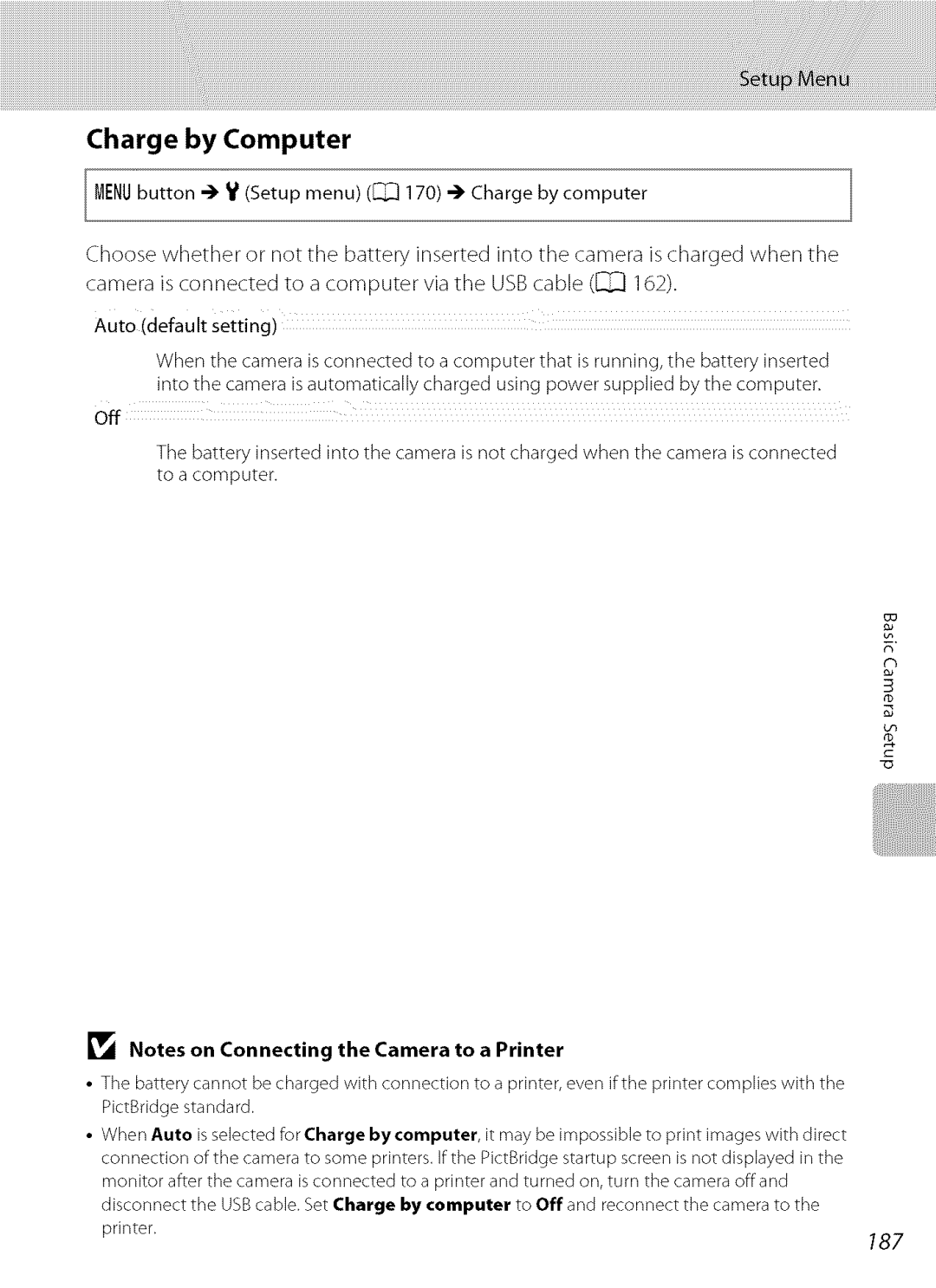 Nikon S9100 user manual Charge by Computer, 187, Camera Printer 