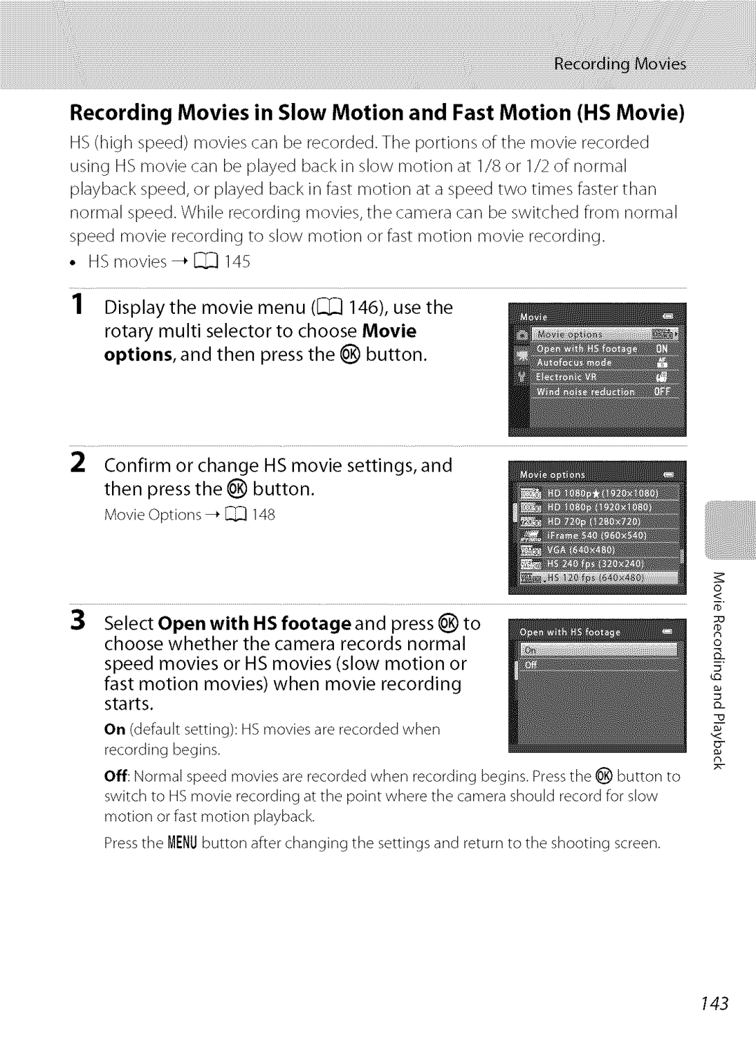 Nikon S9100 user manual Recording Movies in Slow Motion and Fast Motion HS Movie, 143 