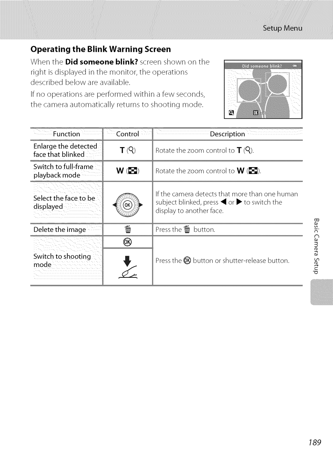 Nikon S9100 user manual Operating the Blink Warning Screen, 189 