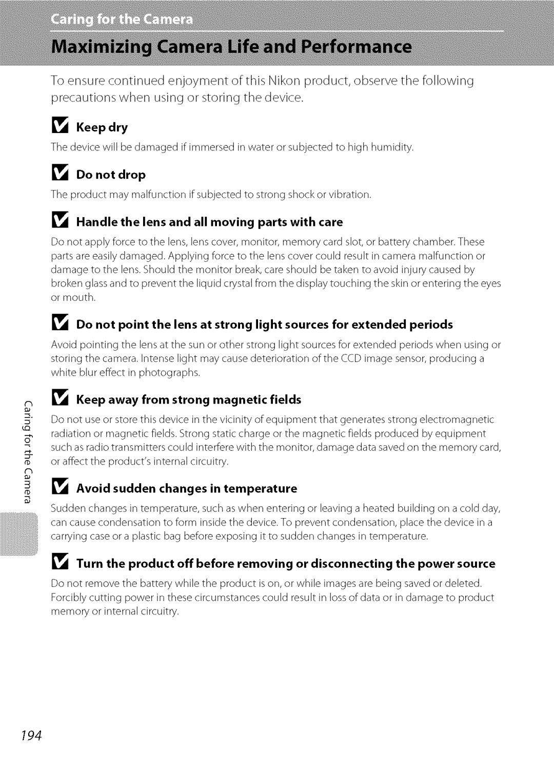 Nikon S9100 user manual 194, Keep dry, Do not drop, Handle the lens and all moving parts with care 
