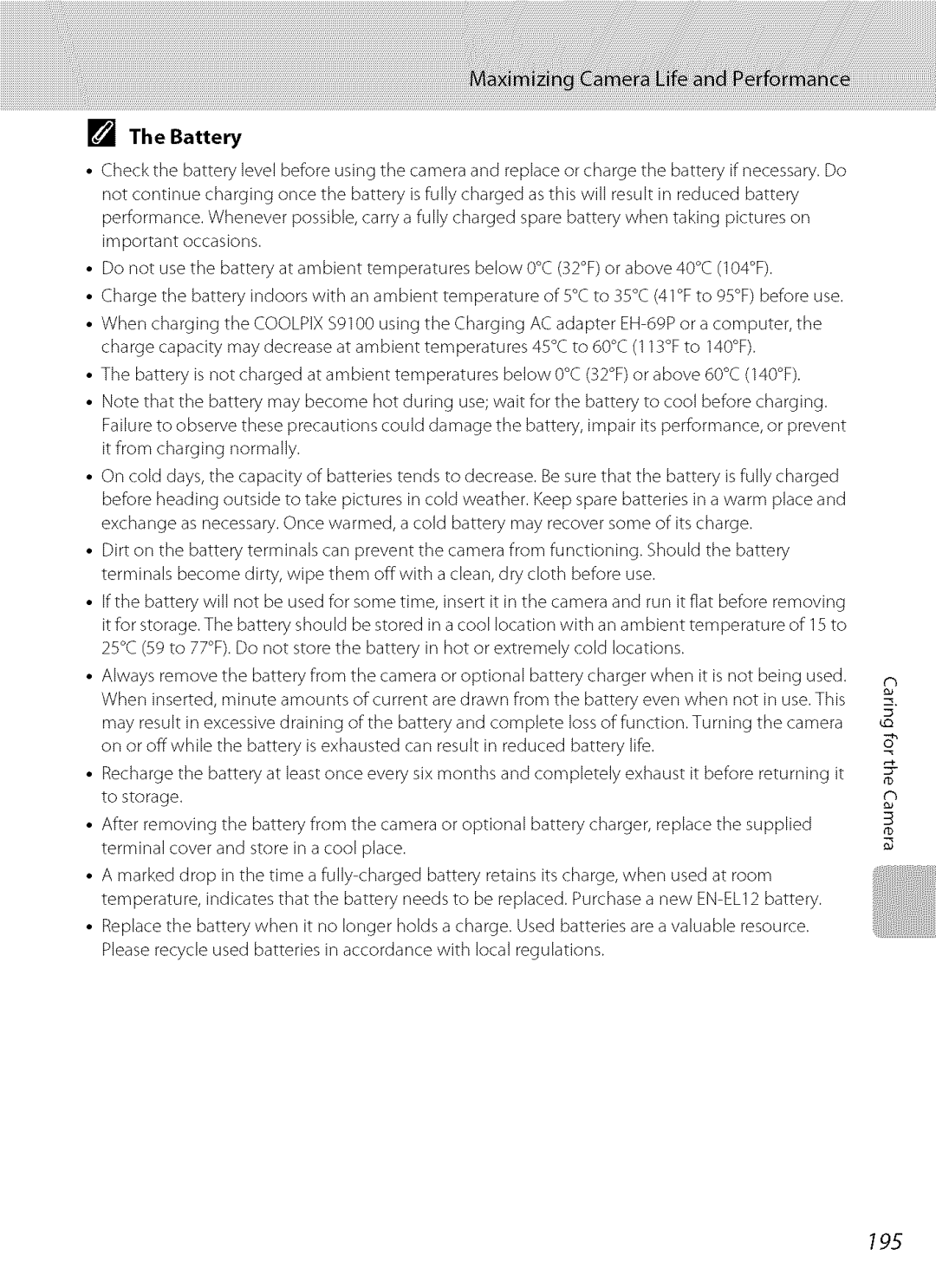 Nikon S9100 user manual 195, Battery 