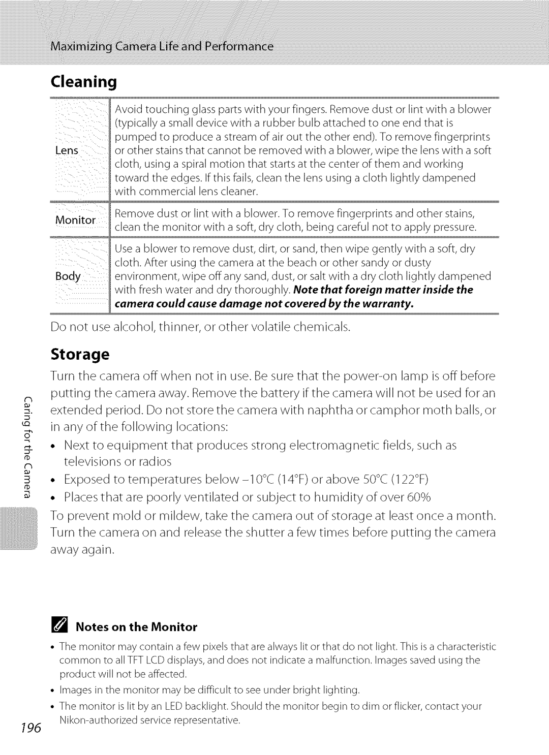 Nikon S9100 user manual Cleaning, Storage, 196 