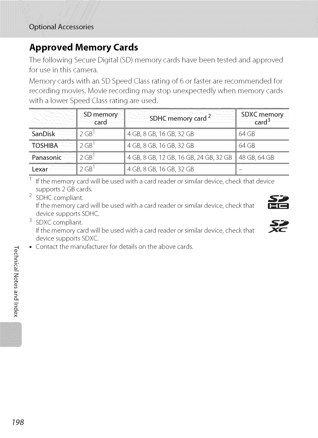 Nikon S9100 user manual Approved Memory Cards, 198 