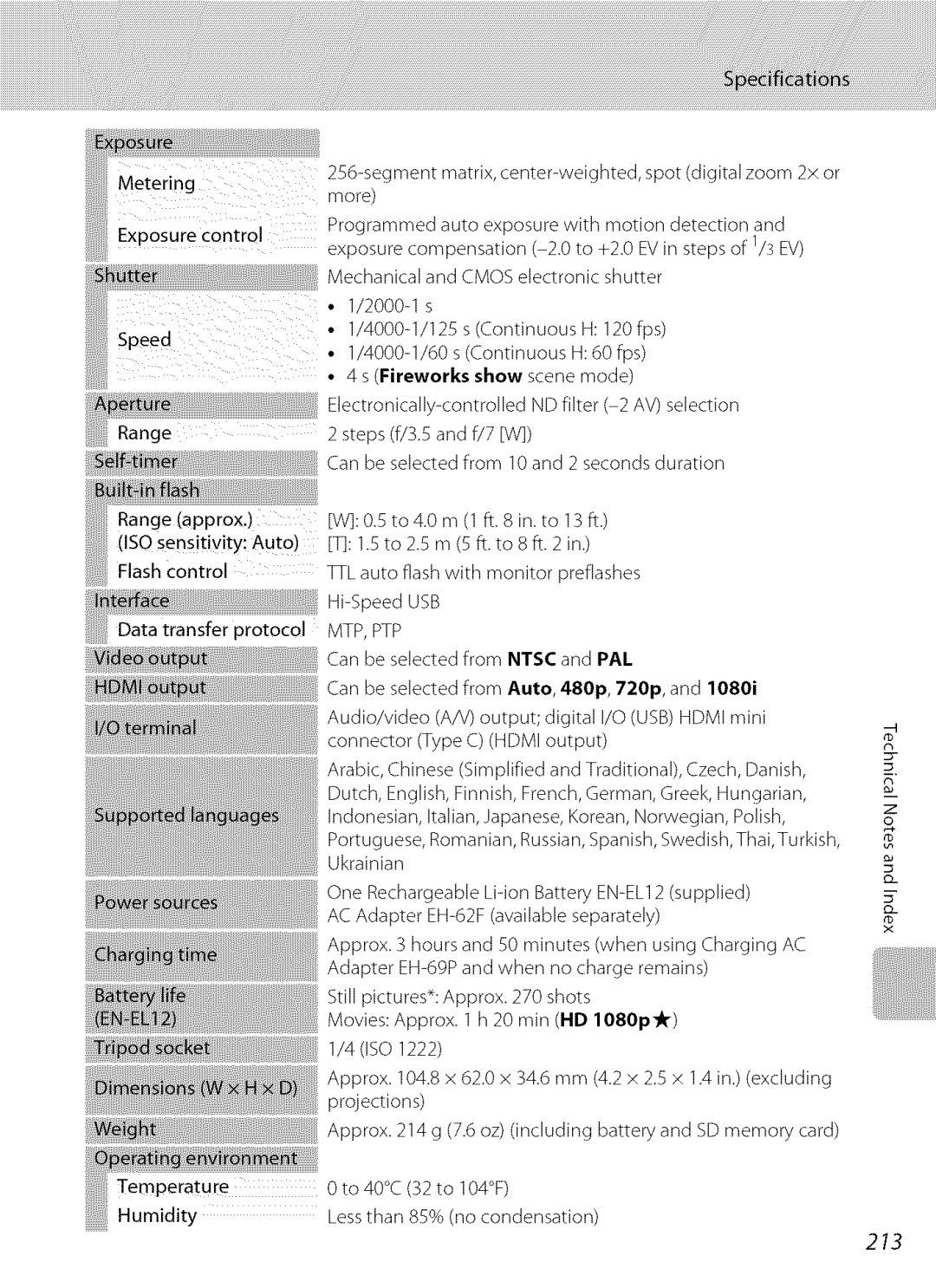 Nikon S9100 user manual Segmentmatrix,center-weighted,spotdigitalzoom2xor, 213 