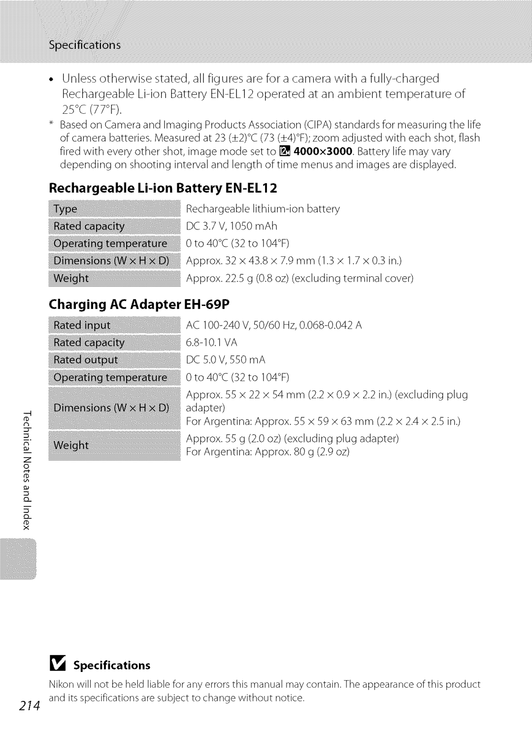 Nikon S9100 user manual 214, Rechargeable Li-ion Battery EN-EL12, Charging AC Adapter EH-69P, Specifications 