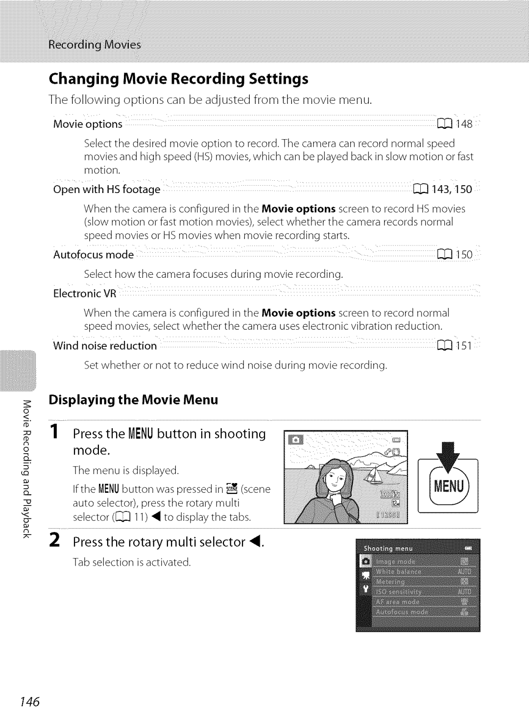 Nikon S9100 user manual Changing Movie Recording Settings, 146, Displaying the Movie Menu 