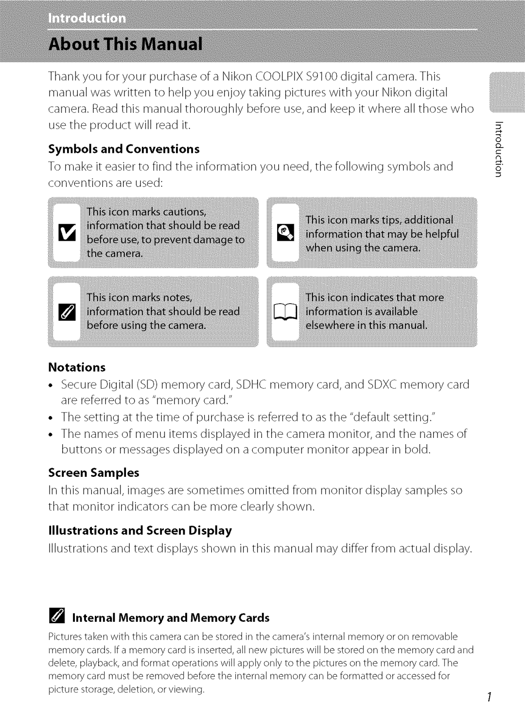 Nikon S9100 user manual Symbols and Conventions, Notations, Screen Samples, Illustrations and Screen Display 