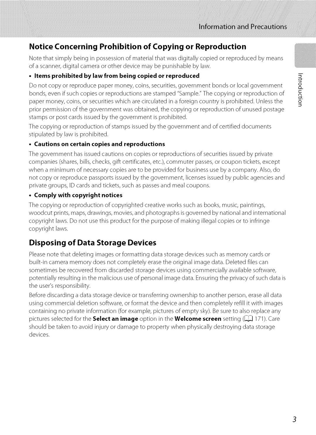 Nikon S9100 user manual Disposing of Data Storage Devices, Items prohibited by law from being copied or reproduced 