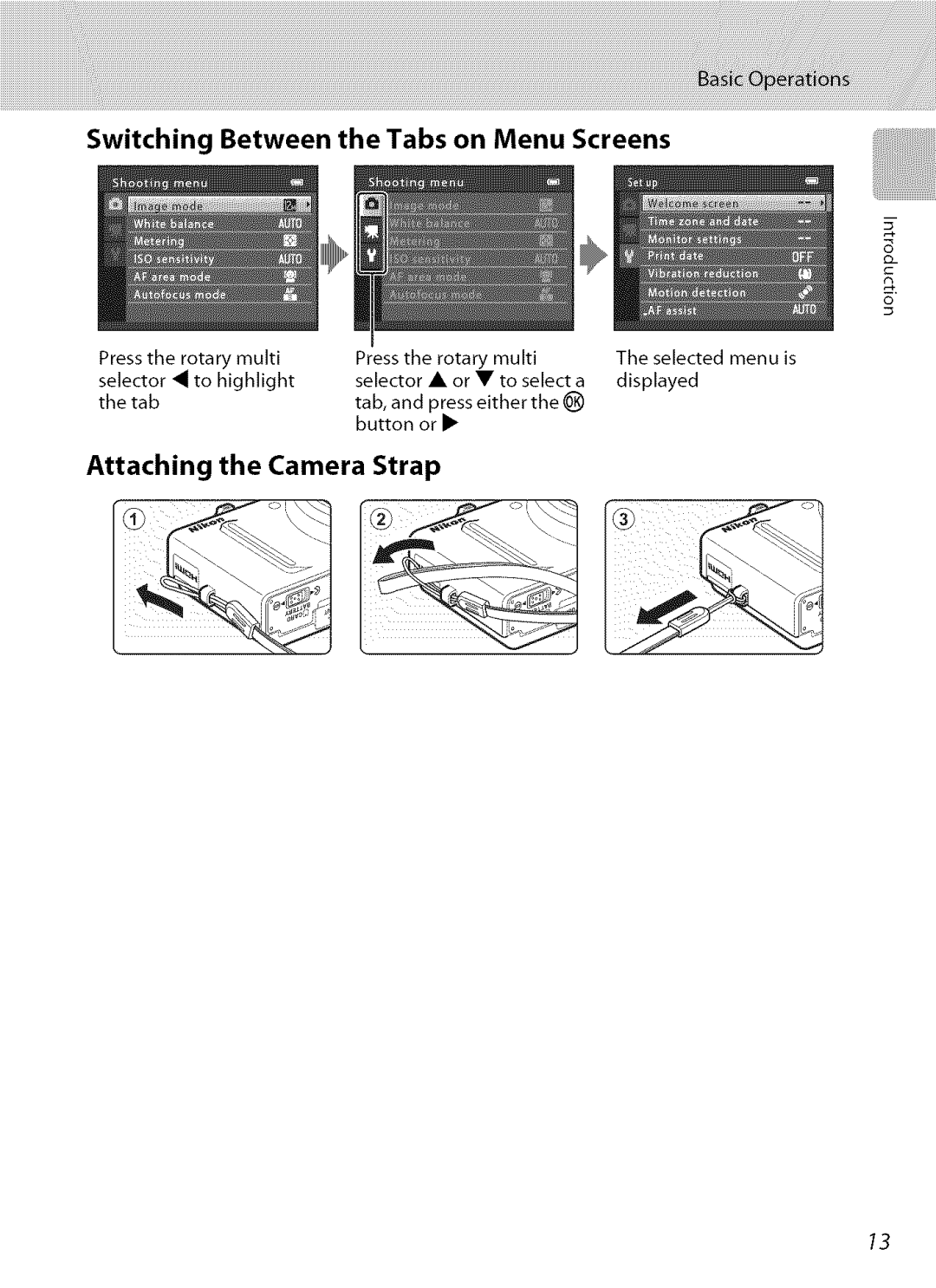 Nikon S9100 user manual Switching Between the Tabs on Menu Screens, Attaching the Camera Strap 