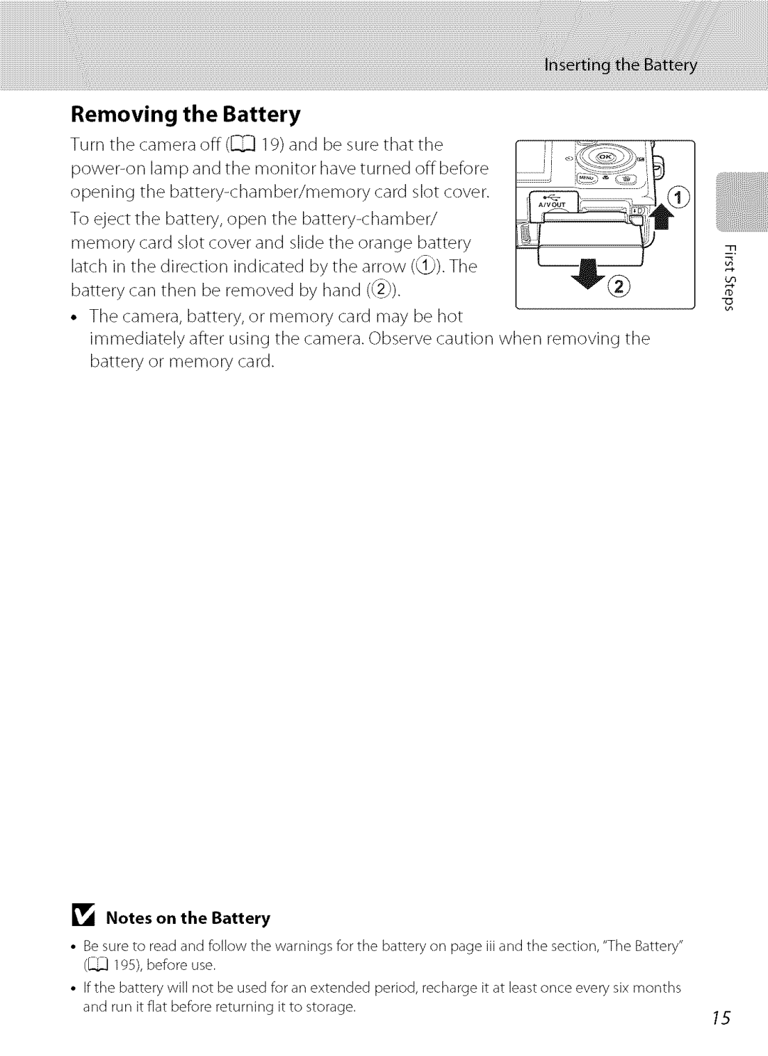 Nikon S9100 user manual Removing the Battery 