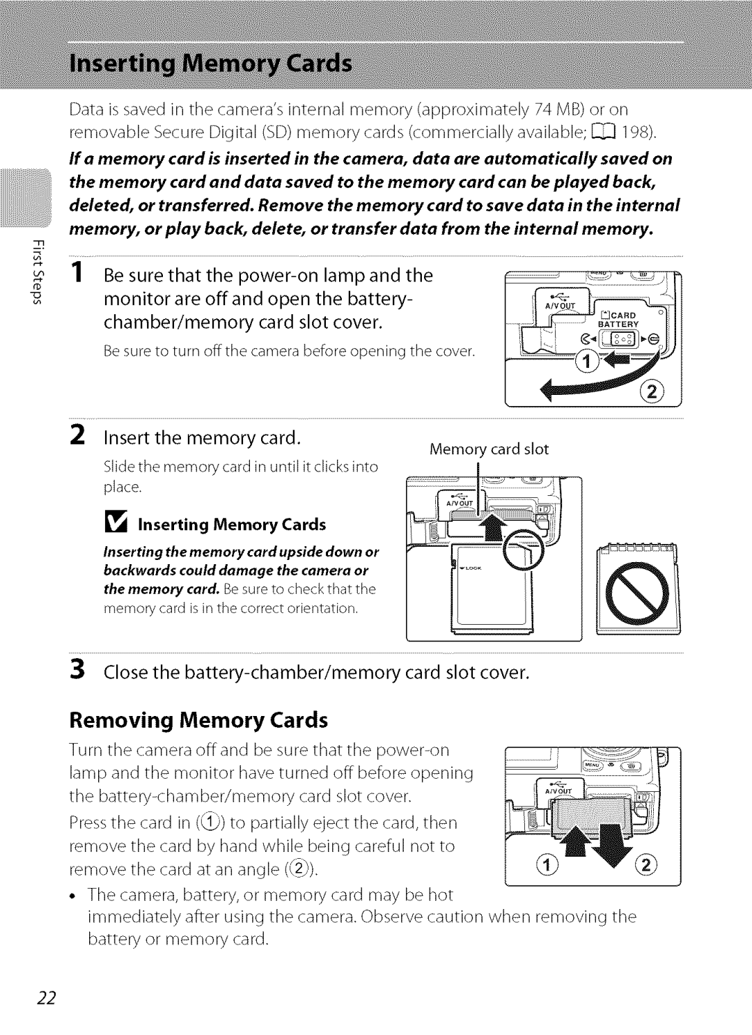 Nikon S9100 user manual Close the battery-chamber/memory card slot cover, Removing Memory Cards, Inserting Memory Cards 