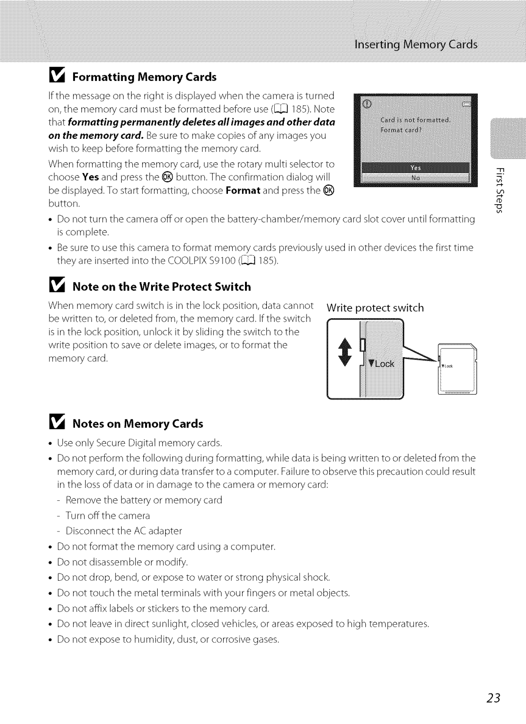 Nikon S9100 user manual Formatting Memory Cards 