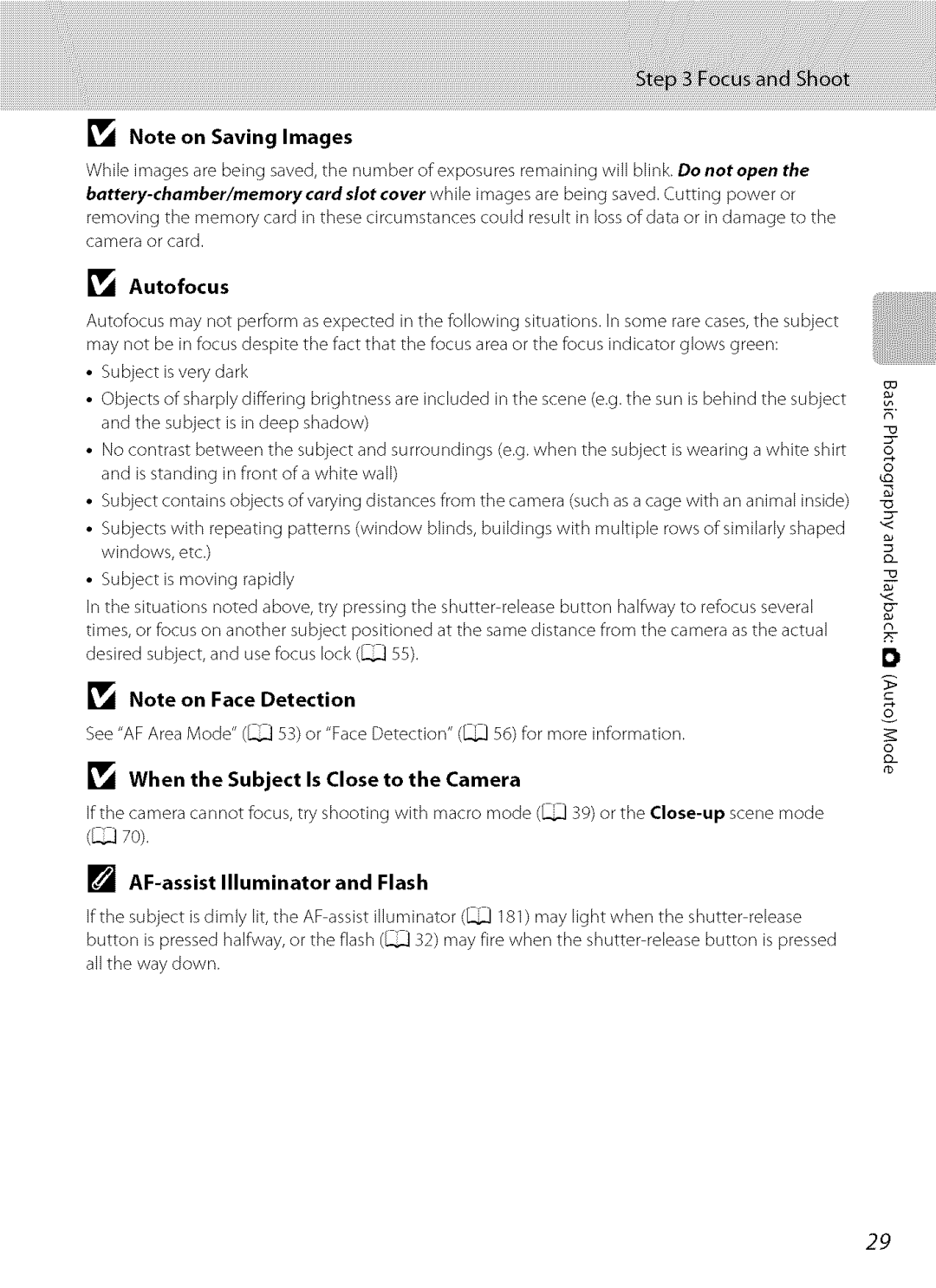 Nikon S9100 user manual Autofocus, Face Detection, When Subject Is Close Camera, Close-up, AF-assist 