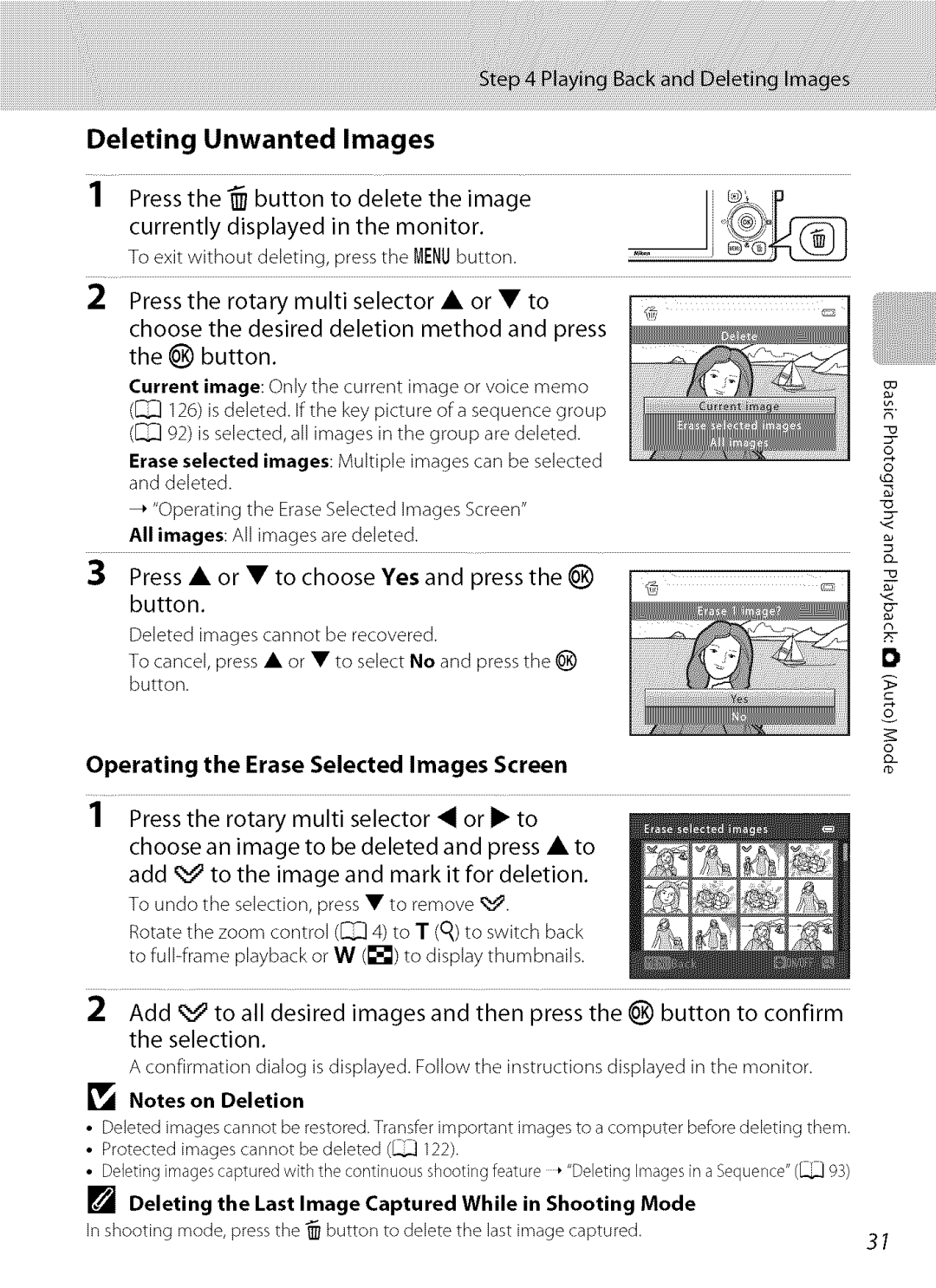 Nikon S9100 Deleting Unwanted Images, Erase Selected Images Screen, Deleting Last Image Captured While in Shooting Mode 