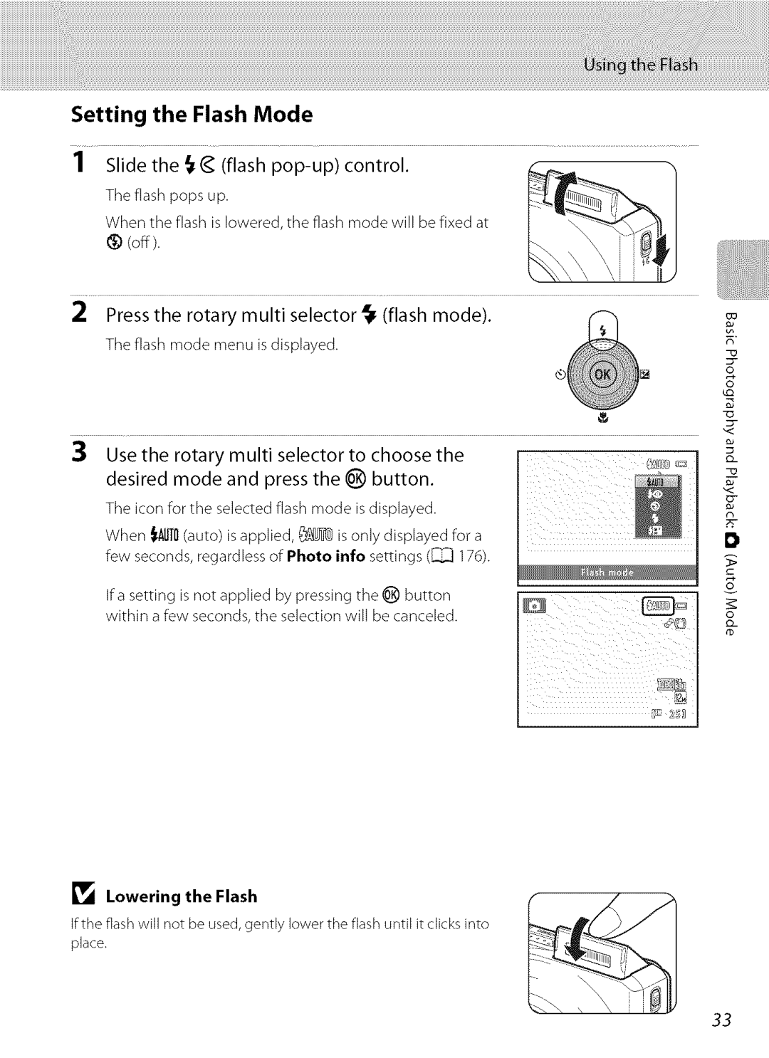 Nikon S9100 user manual Setting the Flash Mode, @off, Lowering the Flash 