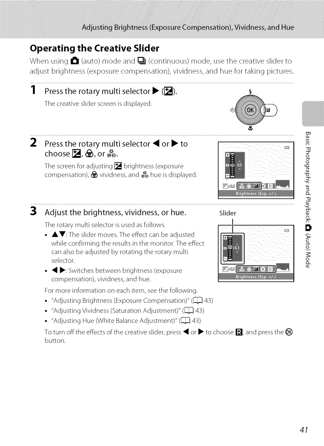 Nikon S9100 user manual Operating the Creative Slider 