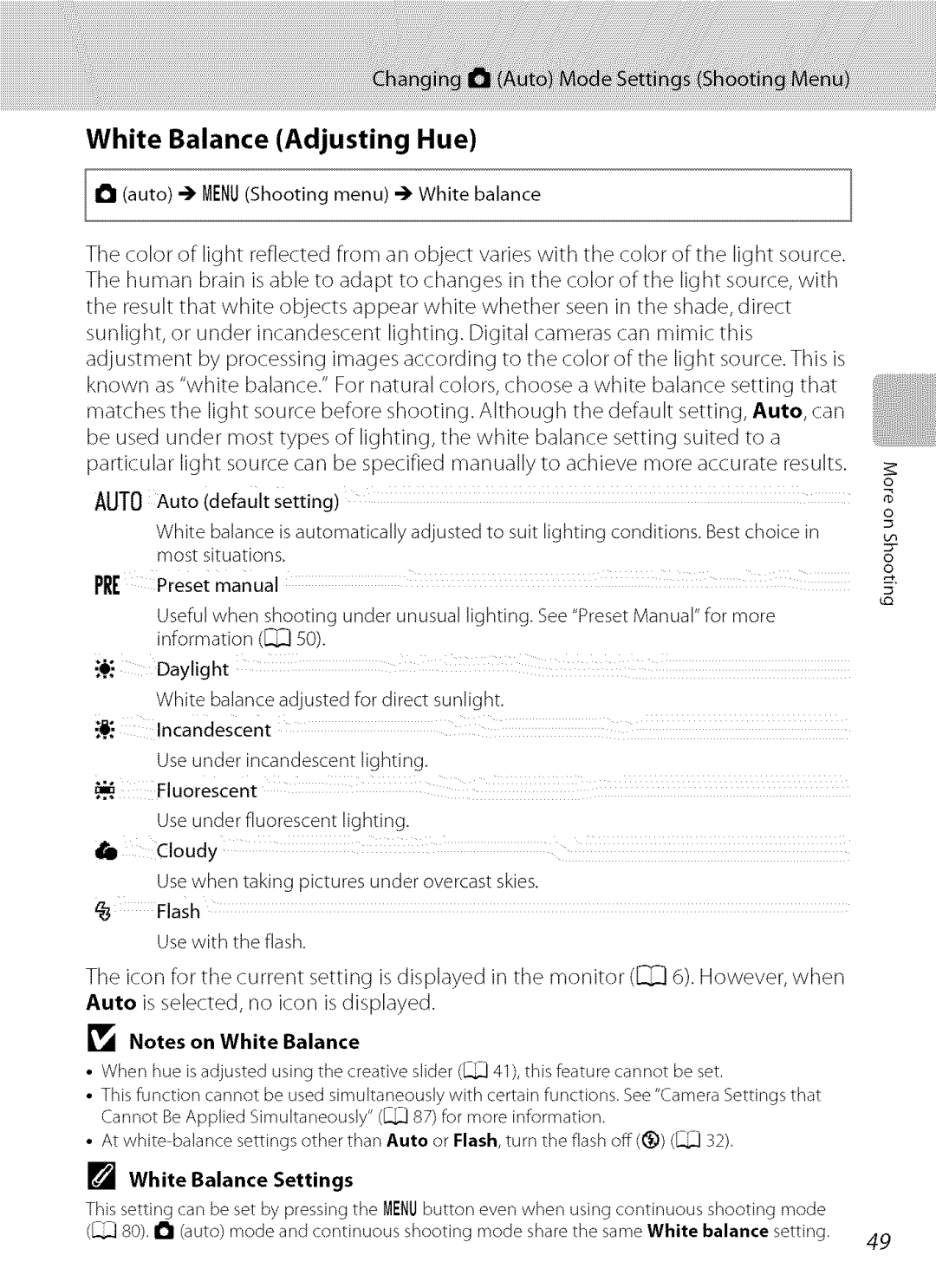 Nikon S9100 user manual White Balance Adjusting Hue, White Balance Settings 