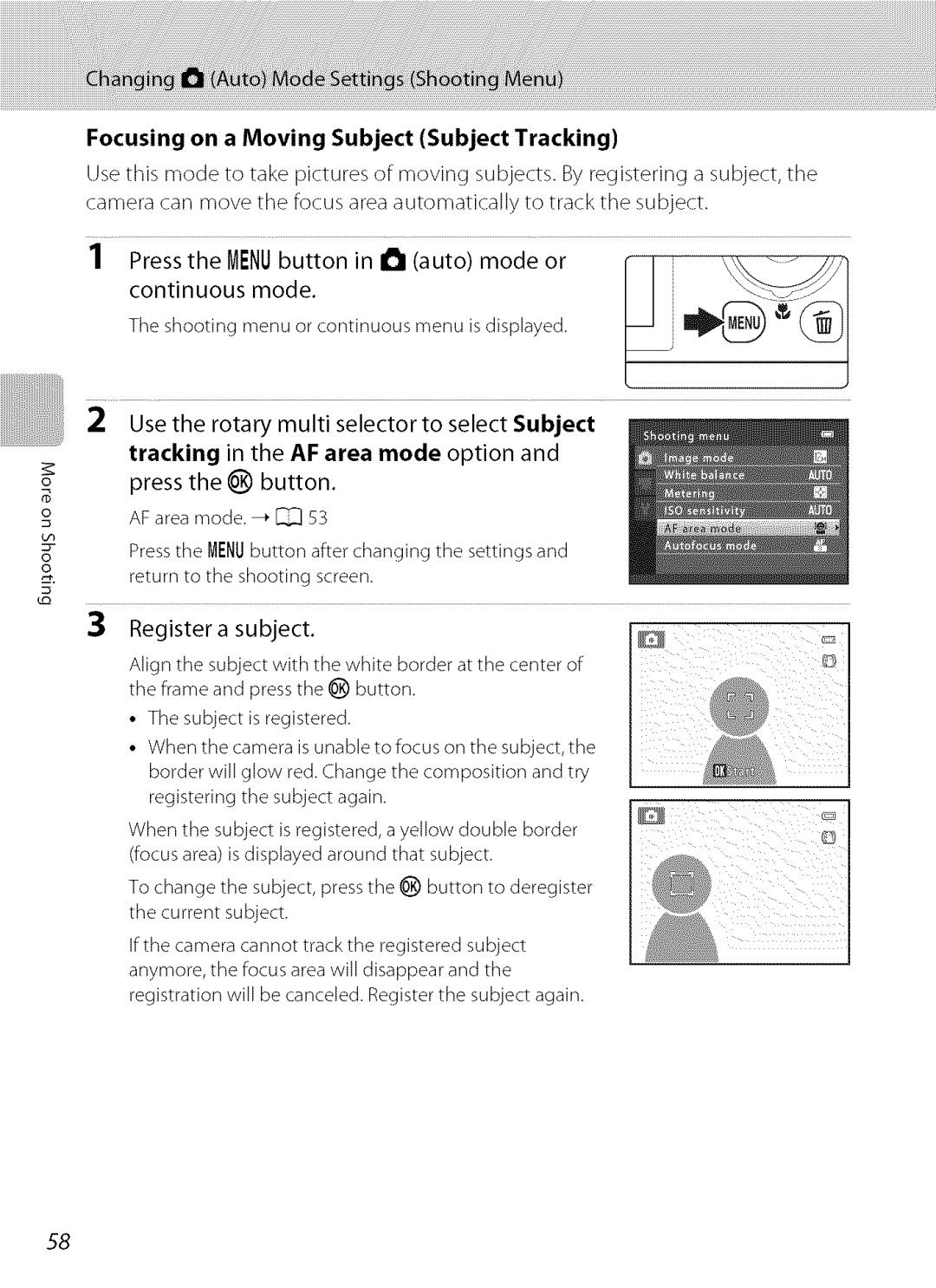 Nikon S9100 user manual Focusing on a Moving Subject Subject Tracking, Registeringthe subjectagain 