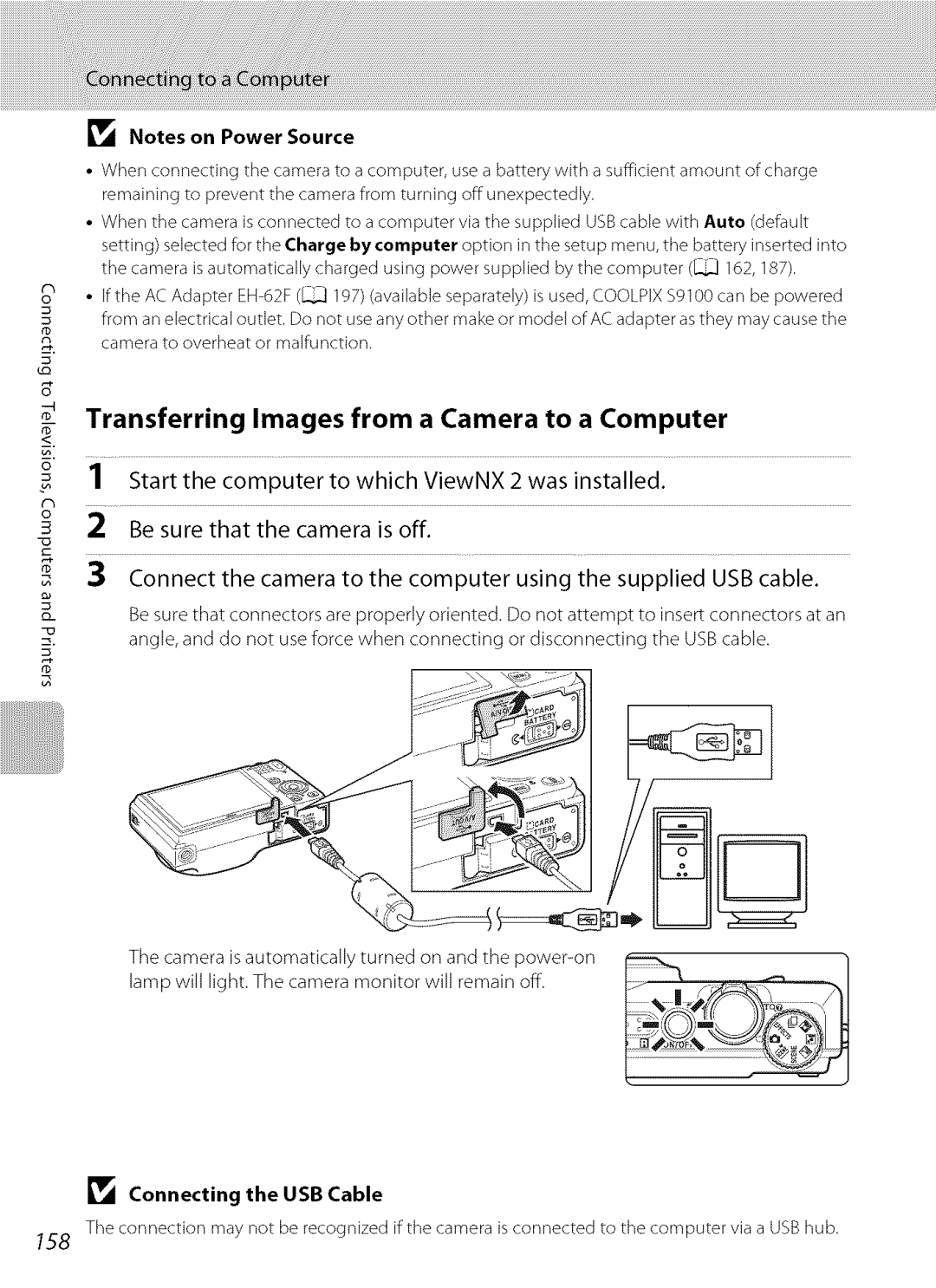Nikon S9100 user manual Transferring Images from a Camera to a Computer, Be sure, that the camera Js off 