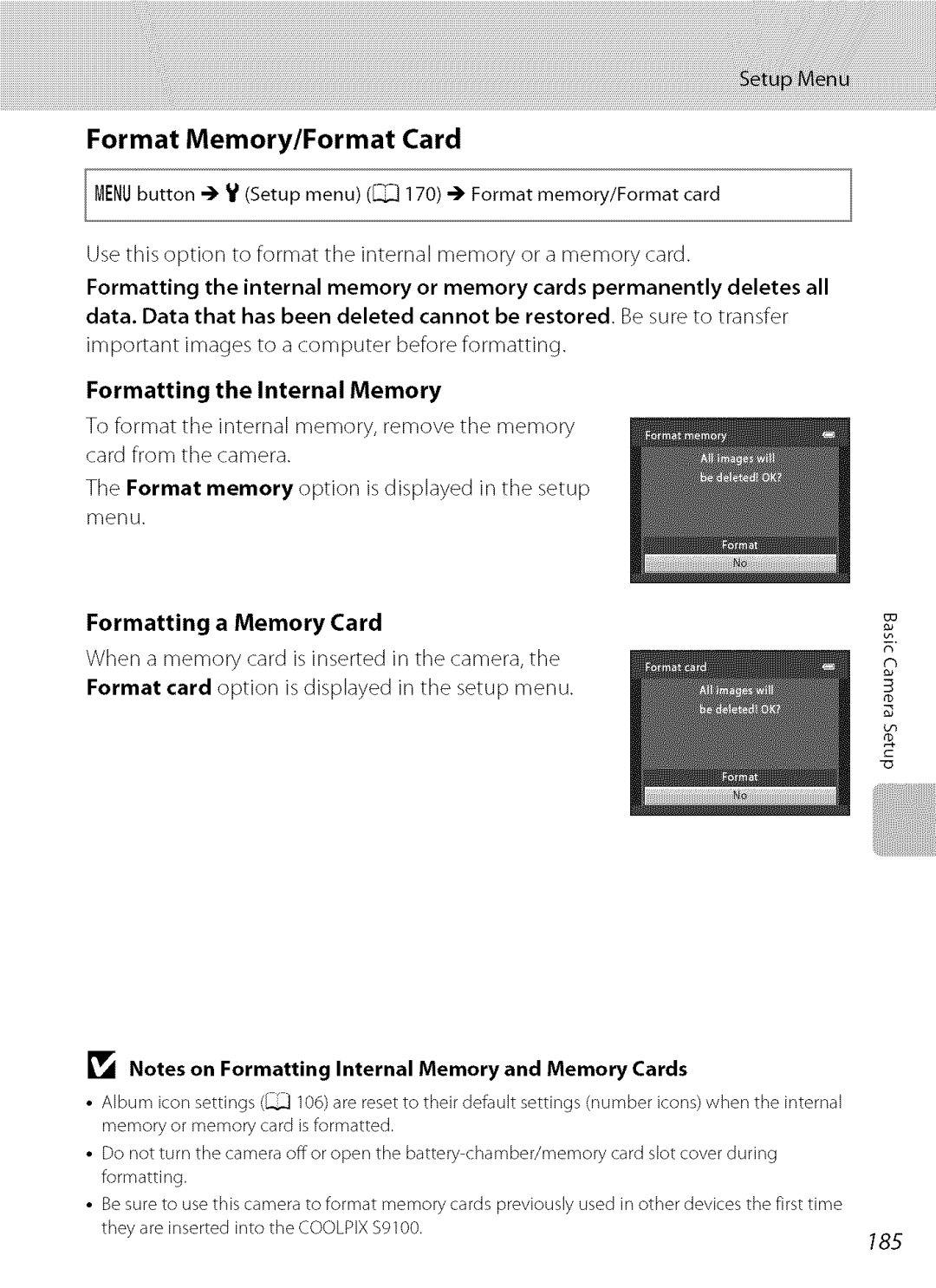 Nikon S9100 user manual Memory/Format, Formatting the Internal Memory, Formatting a Memory Card 