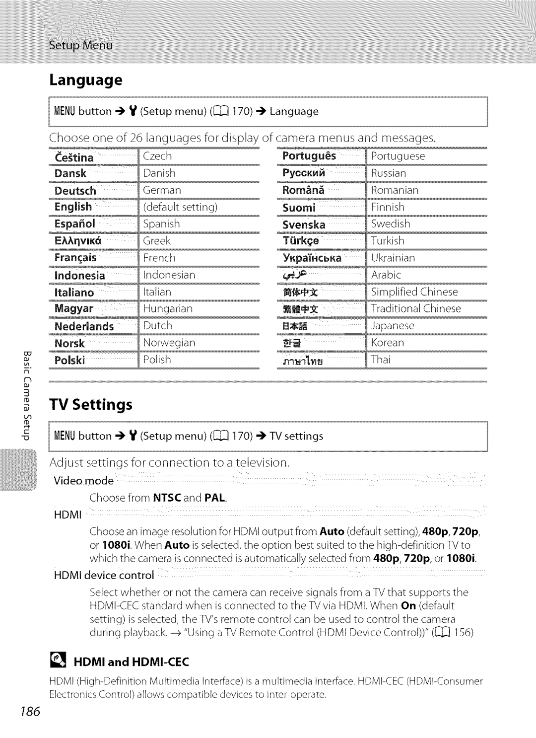 Nikon S9100 user manual Language, TV Settings, PyccR, Romn, Svenska, T6rke, Nederlands, HDMI and HDMI-CEC 