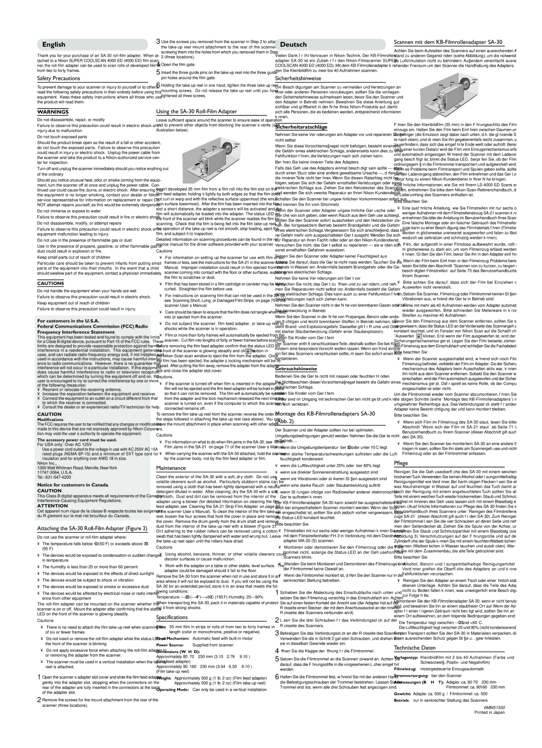 Nikon Safety Precautions, Sicherheitshinweise, Scannen mit dem KB-Filmrollenadapter SA-30, Maintenance, Specifications 