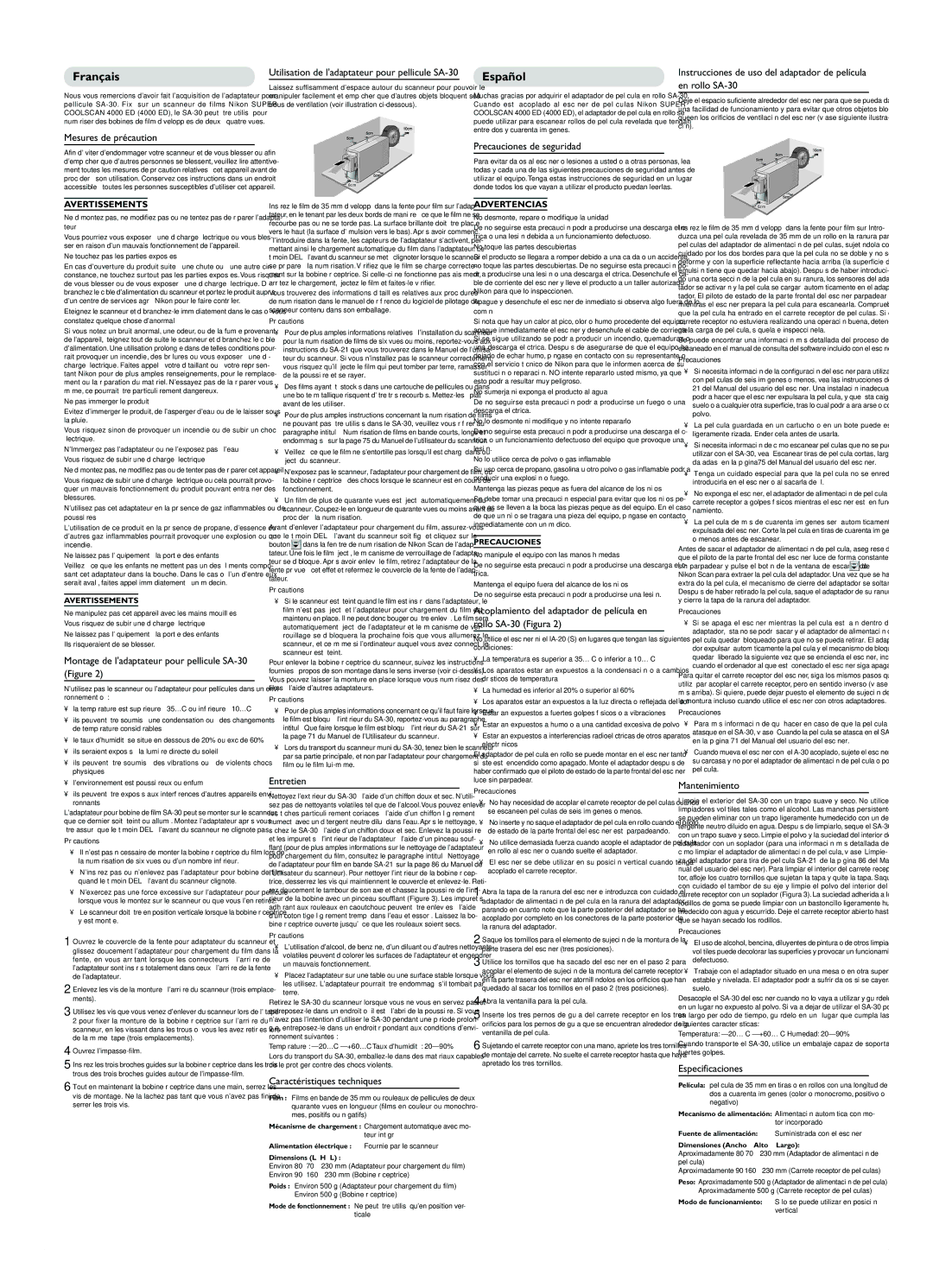 Nikon Mesures de précaution, Montage de ladaptateur pour pellicule SA-30 Figure, Entretien, Caractéristiques techniques 