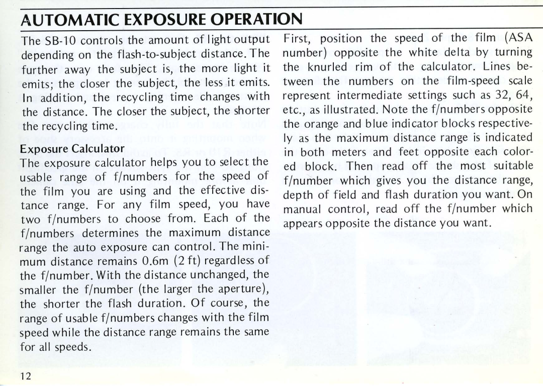 Nikon SB-10 instruction manual Automatic Exposure Operation 