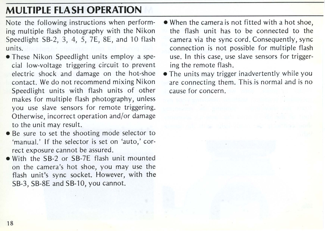 Nikon SB-10 instruction manual Multiple Flash Operation 