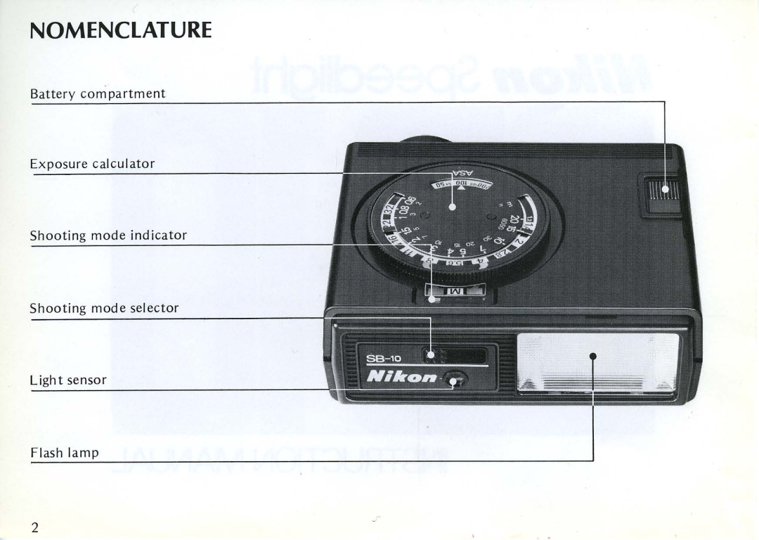 Nikon SB-10 Nomenclature, Battery com partment Exposure calcul ator, Shooting mode indicator Shooting mode se lector 