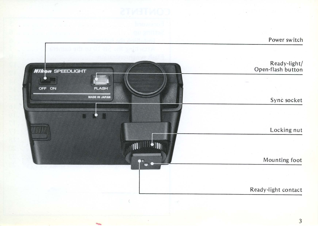 Nikon SB-10 Power sw itch Ready-light/Op en -flash button, Sync socket Locking nut Mounting foot, Ready-Iight contact 