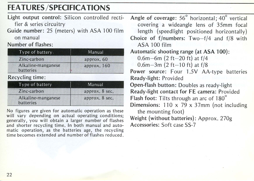 Nikon SB-10 instruction manual FEA lURES /SPECIFICA liONS 