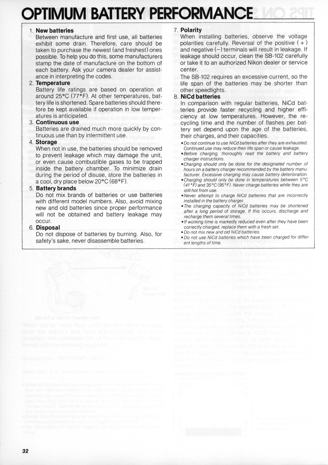 Nikon SB-102 instruction manual Optimum Battery Performance, New batteries Polarity 