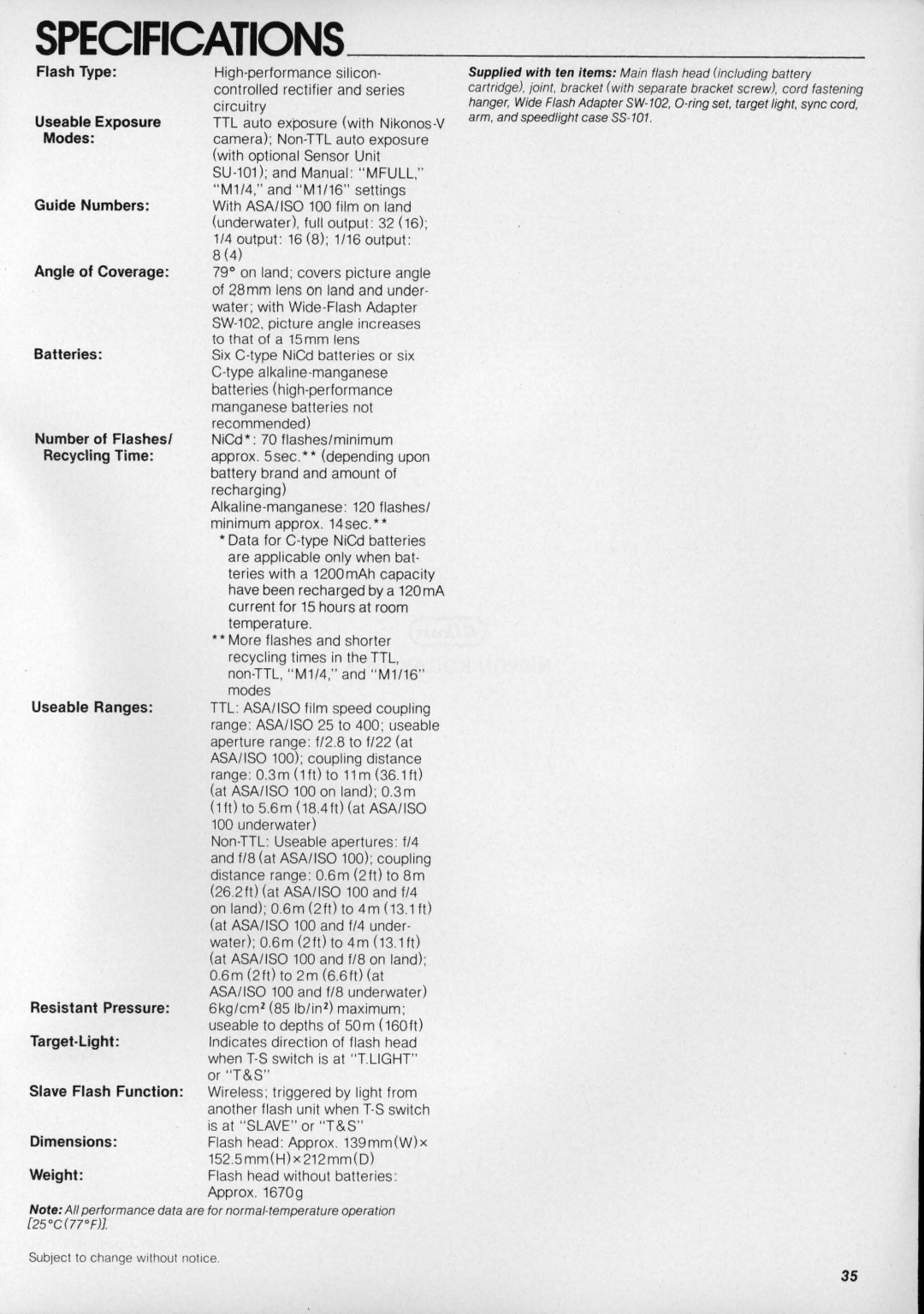 Nikon SB-102 instruction manual Specifications, Modes 