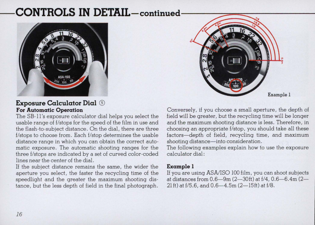 Nikon SB 11 instruction manual Exposure Calculator Dial, For Automatic Operation, Example 