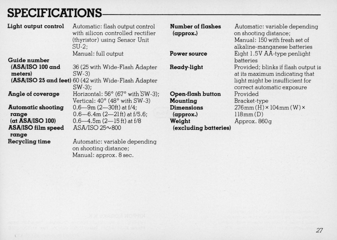 Nikon SB 11 Light output control, Number of flashes, Guide number, Power source, ASA/ISO 100, Ready-light, Meters, Range 