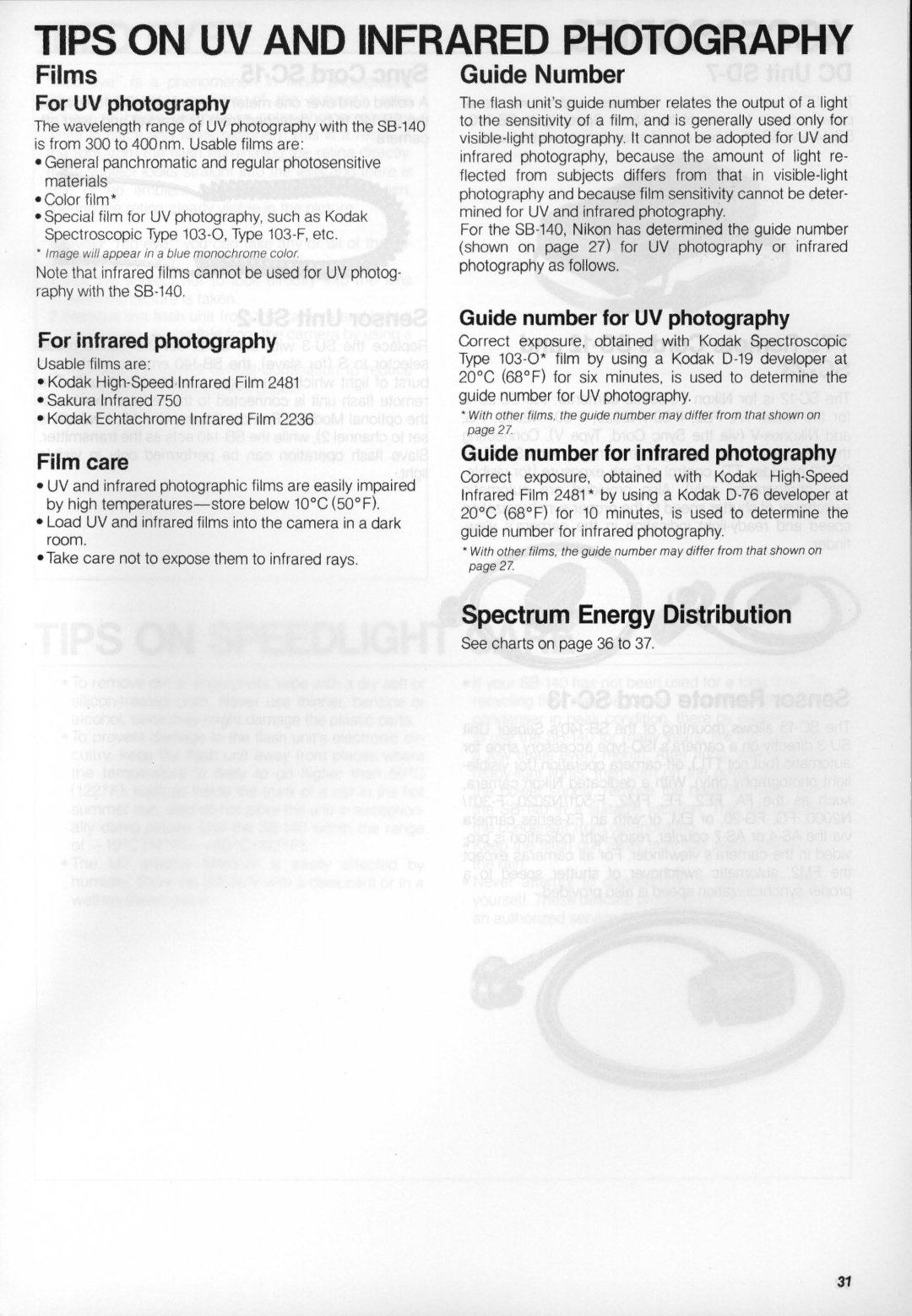 Nikon SB-140 instruction manual Tips on UV and Infrared Photography, See charts on page 36 to 