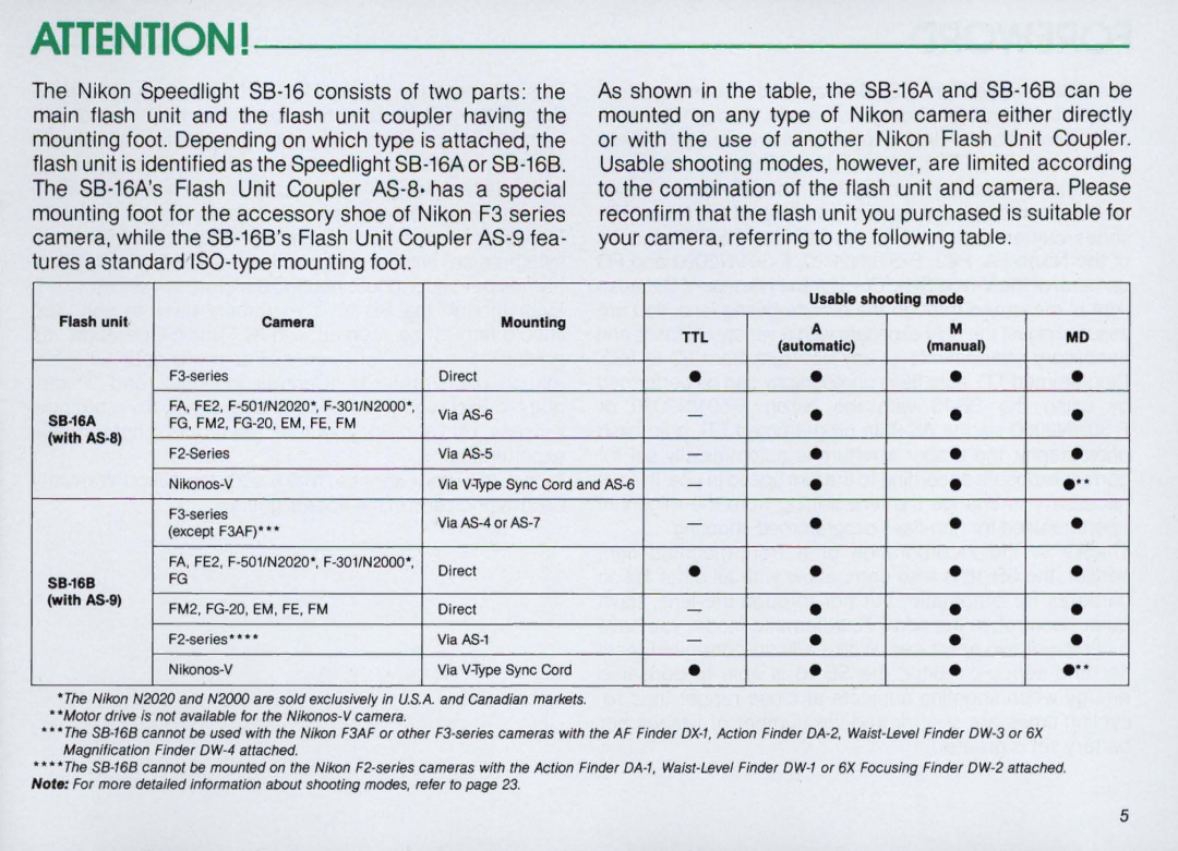 Nikon SB-16 instruction manual Ttl 