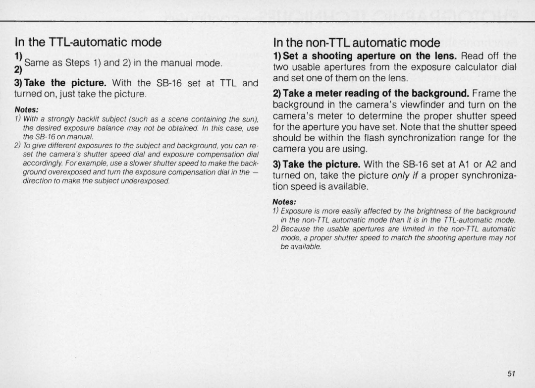 Nikon SB-16 instruction manual TTL-automatic mode, Non-TTL automatic mode 