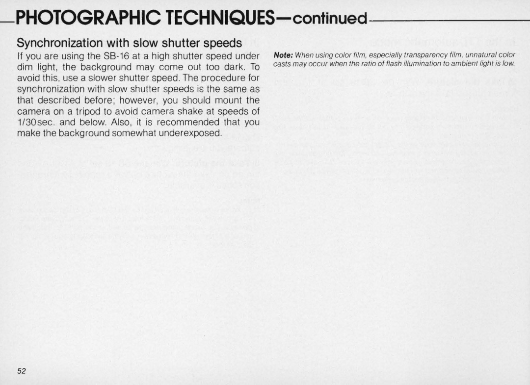 Nikon SB-16 instruction manual Photographic Techniques, Synchronization with slow shutter speeds 