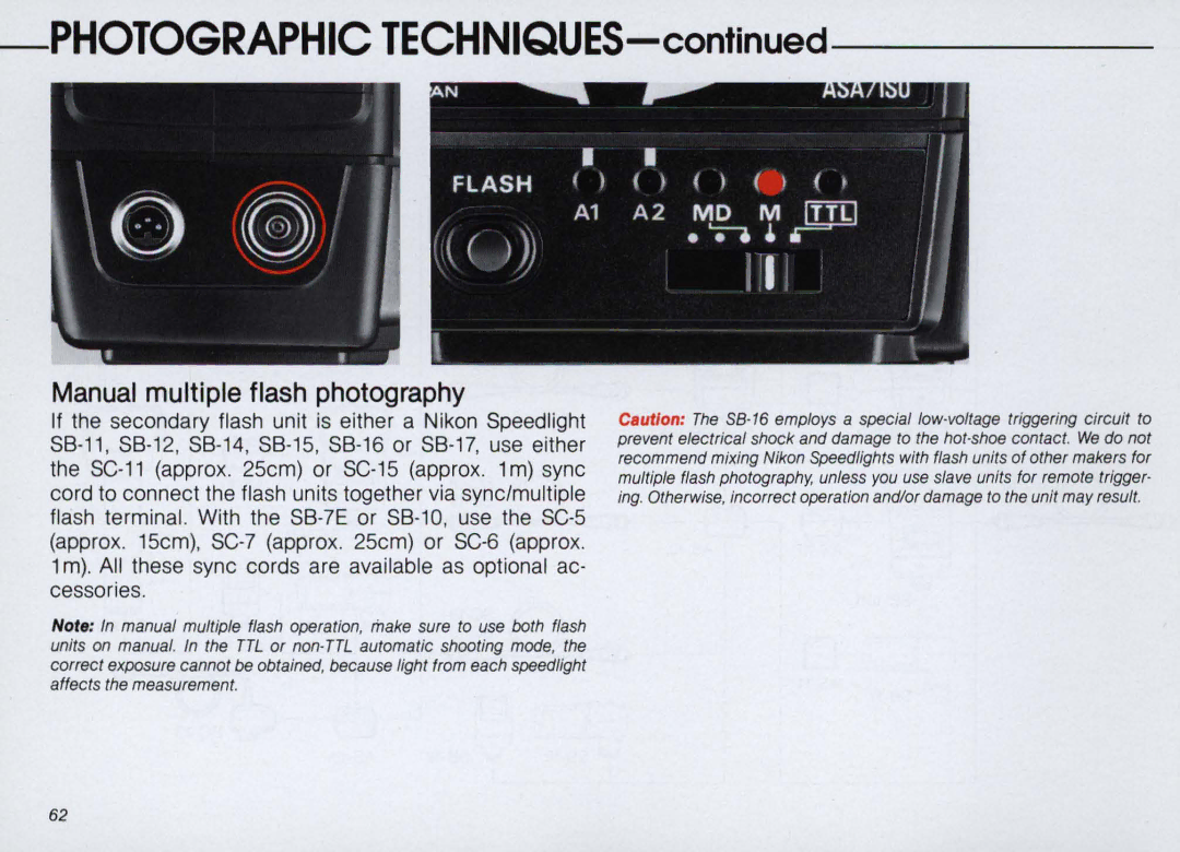 Nikon SB-16 instruction manual Manual multiple flash photography 