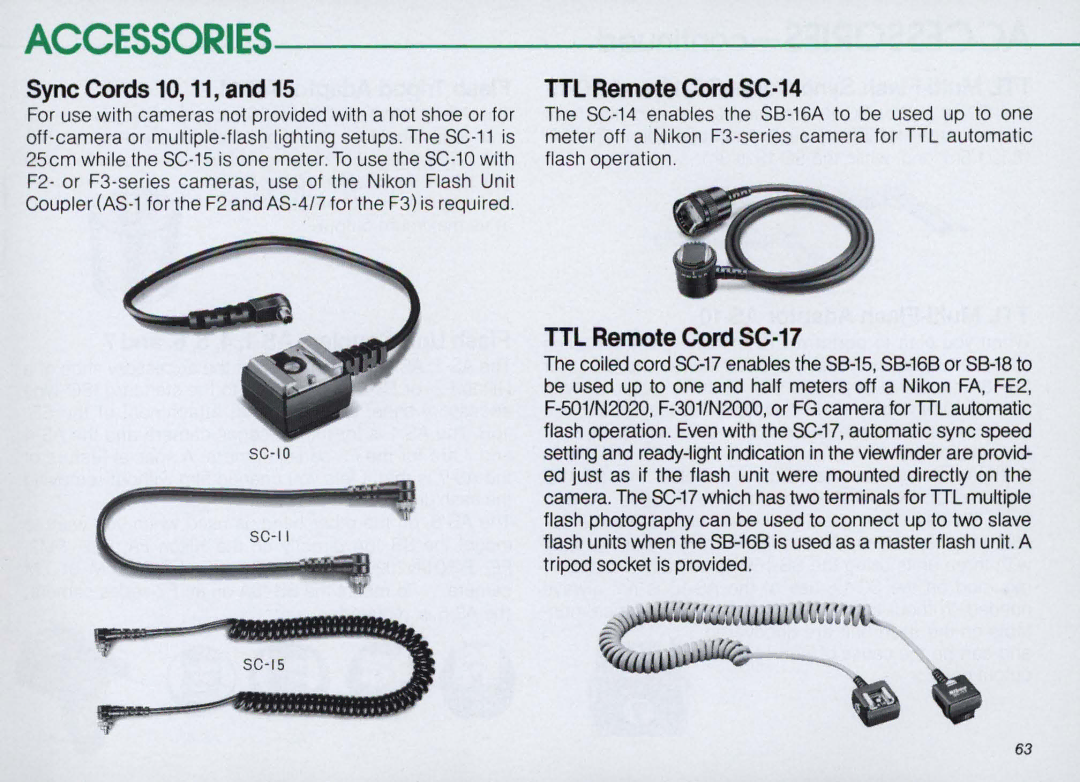 Nikon SB-16 instruction manual Sync Cords 10, 11, TTL Remote Cord SC-14, TTL Remote Cord SC-17 