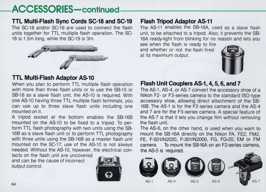 Nikon SB-16 instruction manual Flash Tripod Adaptor AS·11, TTL Multi·Flash Adaptor AS·10, Flash Unit Couplers AS·1, 4, 5, 6 